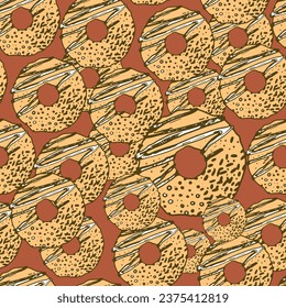 Pattern with buns, bread, hand-drawn. Vintage pastries, desserts made of wheat, coarse flour for a bakery or cafeteria. Background for cafe menu, for textiles.
