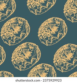 Pattern with buns, bread, hand-drawn. Vintage pastries, desserts made of wheat, coarse flour for a bakery or cafeteria. Background for cafe menu, for textiles.