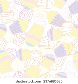 A pattern with buns, cupcakes, hand-drawn. Children's style, pastries, wheat desserts for bakery or cafeteria. Background for cafe menu, for textiles.
