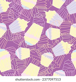 A pattern with buns, cupcakes, hand-drawn. Children's style, pastries, wheat desserts for bakery or cafeteria. Background for cafe menu, for textiles.