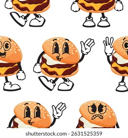 pattern of burger characters with fried patties and melted cheese, egg with various funny faces, Kawaii-style anthropomorphic food