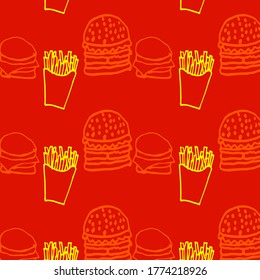 Patrón con hamburguesa y papas fritas. Fondo rojo. Se puede usar en diseño textil, menús de café, etc