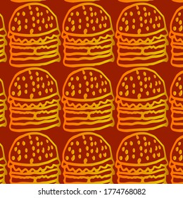 The pattern with the Burger. Red background. It can be used in the design of food delivery services, cafe menus, etc