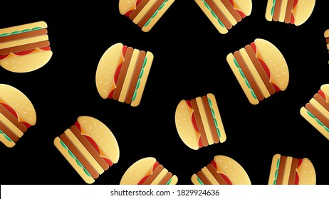Pattern of burgers on a black background, vector illustration. delicious fast food. decoration of kitchen decor. colored burgers with juicy filling. double burger to satisfy hunger.