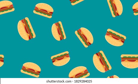 patrón de hamburguesas en un fondo azul, ilustración vectorial. deliciosa comida rápida. decoración de cocina. hamburguesas de colores con jugoso relleno de carne, hierbas y queso para comida rápida.