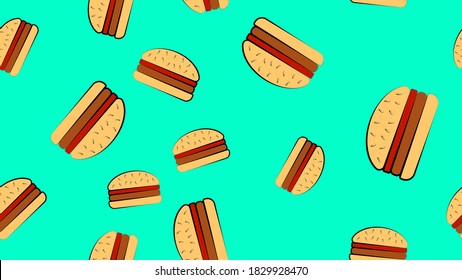 pattern of burgers on a blue background, vector illustration. delicious fast food. wallpaper for cafe, home decor design. bright, juicy, colored burgers for fast food.