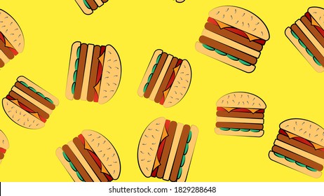 patrón de hamburguesas en un fondo amarillo brillante, ilustración vectorial. deliciosa comida rápida. decoración de restaurante de comida rápida. jugoso relleno con carne y queso. doble hamburguesa para satisfacer