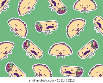 Pattern of Burrito and Taco with cute kawaii face expressions. Handmade in doodle style - Vector EPS