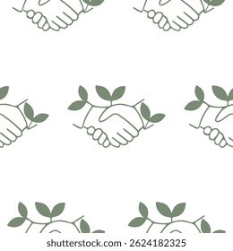 Patrón con icono de apretón de manos de negocios con ramas de hojas verdes, lo que significa asociación ecológica, fusión de negocios y ecología