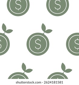 Patrón con icono de negocio de la moneda de trabajo con ramas de hojas verdes, conexión de negocios y ecología