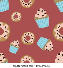 A pattern with buttercream cupcakes that are decorated with chocolate chips in a blue shape and donuts with icing and chocolate chips on a burgundy background.