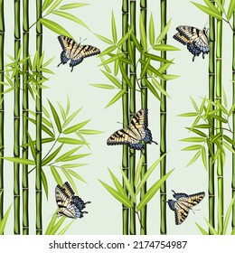 Patrón con mariposas y bambú.Vector de patrón sin fisuras con mariposas y bambú verde.