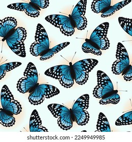 Pattern with butterflies. Blue butterflies flying in different directions.