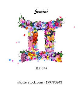 Pattern with butterflies, cute zodiac sign - gemini