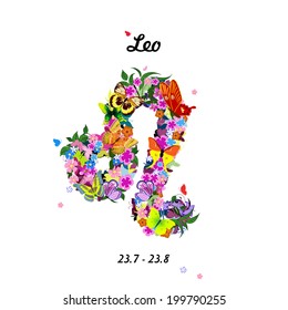 Pattern with butterflies, cute zodiac sign - leo