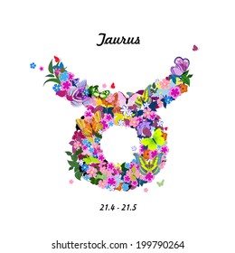 Pattern with butterflies, cute zodiac sign - taurus