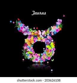 Pattern with butterflies, cute zodiac sign - taurus