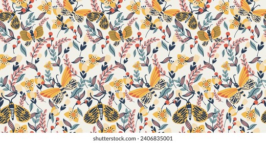 Patrón de mariposas y flores. Patrón textil brillante y elegante. Para imprimir en superficies, ropa, almohadas, tazas, interior.