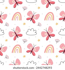 Motif de papillons, fleurs et nuages sur fond blanc.