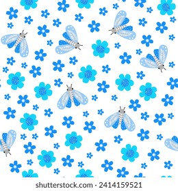 Pattern with butterflies and flowers in flat style, Wild flowers, Stylized butterflies, Flat style, Children's pattern, Seamless, vector, print.