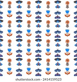 Patrón con mariposas y flores de estilo plano, Flores silvestres, mariposas estilizadas, Estilo plano, patrón infantil, sin foco, vector, impresión.