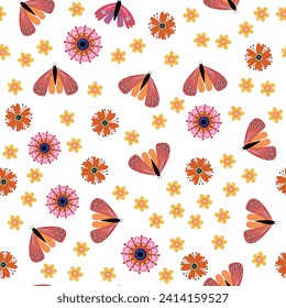 Pattern with butterflies and flowers in flat style, Wild flowers, Stylized butterflies, Flat style, Children's pattern, Seamless, vector, print.