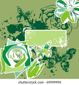 pattern of butterflies and flowers on green background. Vector illustration
