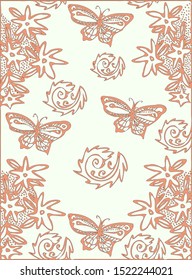 Pattern of butterflies and flowers. Red outline. White beige background .Vector graphic.