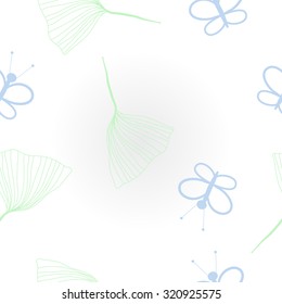 Pattern of  butterflies, leaves. Hand drawn.