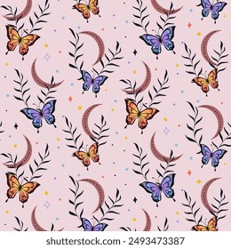 Pattern with butterflies and leaves.Vector seamless pattern with butterflies and leaves on a colored background.