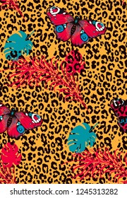 Pattern of butterflies and leopard spots. Vector illustration. Suitable for fabric, wrapping paper and the like