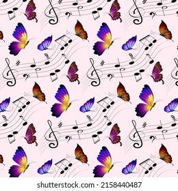 Pattern with butterflies and musical signs.Musical symbols and colorful butterflies on a colored background in a vector pattern.