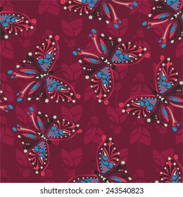pattern with butterflies on a burgundy background. vector