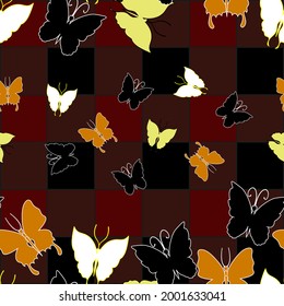 A pattern of butterflies on a colorful background.Multicolored butterflies on a background of squares in a color vector pattern.