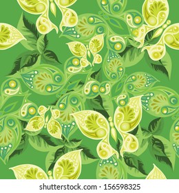 pattern with butterflies on a green background