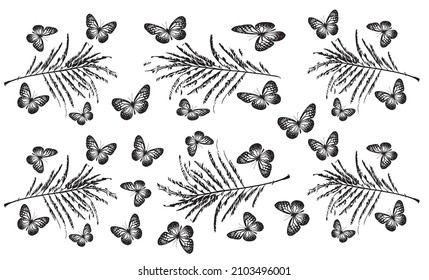 Pattern with butterflies on leaves in black and white on a white background. Suitable for curtains, wallpaper, fabrics, wrapping paper. 