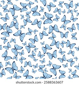 A pattern of butterflies on a light background, showing delicate details of wings in a bright design. Vector background with blue butterflies