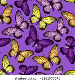 Pattern with butterflies. Butterflies on a purple background. Summer design.