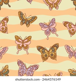Pattern with butterflies on striped background. Boho style background. Pattern for fabric, wrapping paper. 