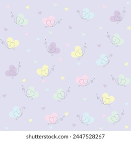 Patrón con mariposas una línea y corazones en colores pastel