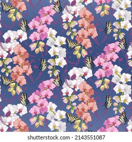 Pattern with butterflies and orchids.Vector pattern with colorful orchids and butterflies on a colored background.