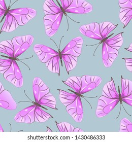 Pattern with butterflies in pink color on a blue background.