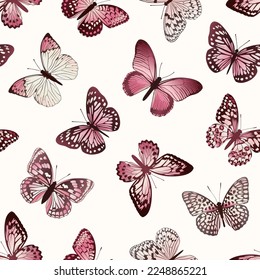 Pattern with butterflies. Pink butterflies on a white background.