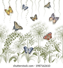 Pattern with butterflies and plants.Multicolored butterflies and vegetation on a white background in a vector pattern.