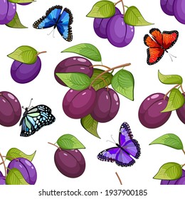 Patrón con mariposas y ciruelas.Ramas con ciruelas y mariposas multicolores sobre un fondo blanco en un patrón vectorial.