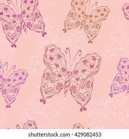 Pattern with butterflies. Seamless texture with fantasy butterflies on sweet pink background. Use: textile, greeting card, wallpaper, wrapping paper, decoupage, design elements