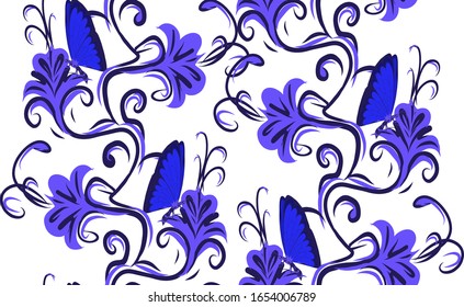 Patrón, mariposas sentadas en flores, líneas en azul. Adecuado para distintos fondos, impresión en tela, papel tapiz