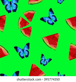 Pattern with butterflies and slices of watermelon on the green background