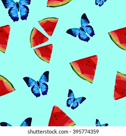 Pattern with butterflies and slices of watermelon on the light-blue background
