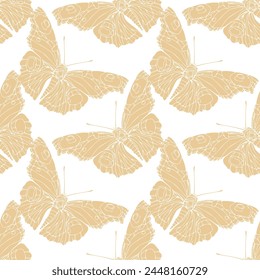 A pattern of butterflies in a tan color. The butterflies are drawn in a way that they look like they are flying. The pattern is very detailed and intricate.Vector seamless pattern, textile, scrapbook